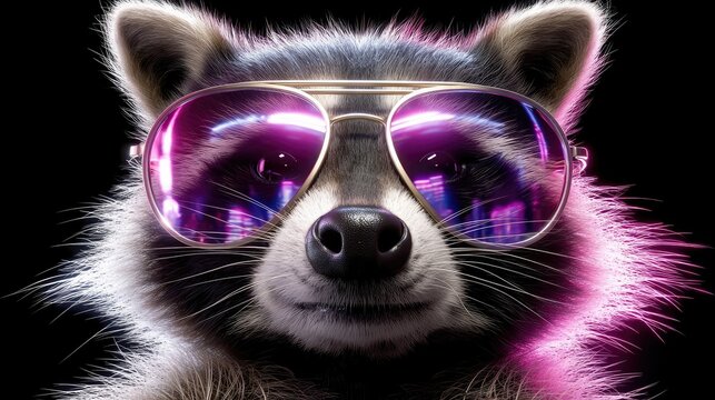 Close-up portrait of a raccoon wearing aviator sunglasses, with its fur illuminated by a vibrant neon pink glow against a black background.