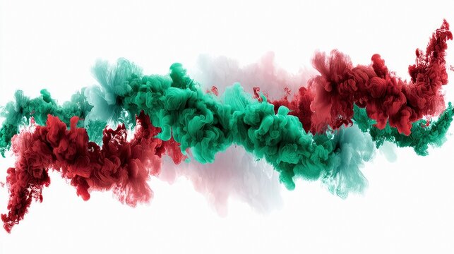 Abstract swirls of red and teal colored smoke or ink are suspended against a clean white background, creating a dynamic and vibrant visual.
