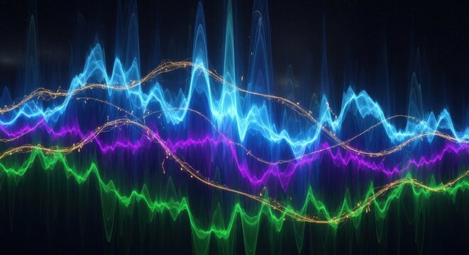 Abstract multicolored waves representing digital signals with golden sparkling accents