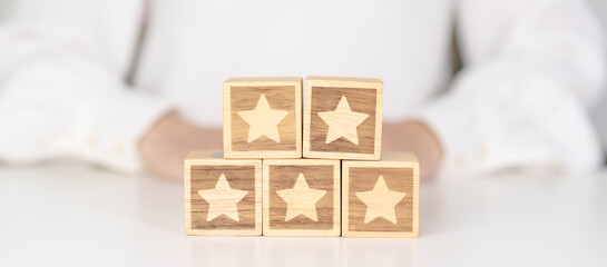 hand show Star block. Customer choose rating for user reviews. Service rating, ranking, customer review, satisfaction, evaluation and feedback concept