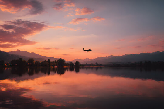 a plane flying over a lake at sunset - Powered by Adobe