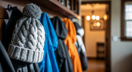Knit winter hat hanging in hallway symbolizing warmth and return