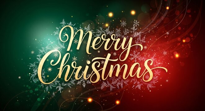 Festive Merry Christmas Wishes Gold Typography on Emerald Red Background with Snowflakes & Bokeh Lights