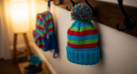Colorful winter hat in hallway symbolizing childhood and joy