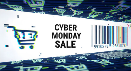 Cyber Monday Sale Glitch Text with Barcode and Shopping Cart Tunnel