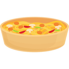 Illustration of a wooden bowl filled with yellow noodles and mixed vegetables including mushrooms carrots and peppers on a transparent background