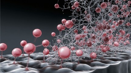 Intricate molecular structure with pink spheres and connected network for science, research, and medical applications creating a modern, dynamic feel