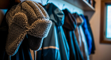 Fur winter hat on hallway hook symbolizing protection from harsh cold