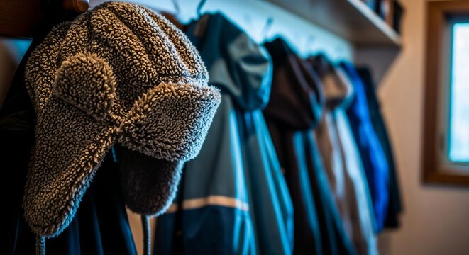 Fur winter hat on hallway hook symbolizing protection from harsh cold