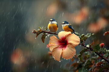 Fototapeta premium two birds sitting on a branch in the rain