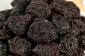 Dried Plums Prunes Wrinkled Dark Brown Fruit Healthy Snack Food Ingredient Close-up
