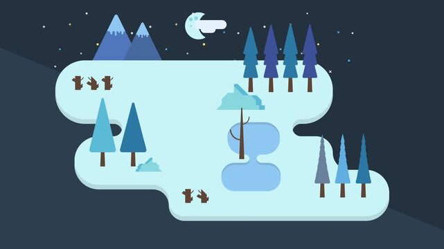 Peaceful Animated Winter Night Landscape with Moon and Trees.