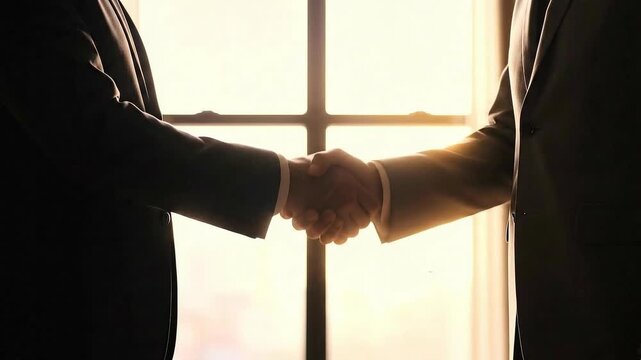 Two Business Partners Handshaking in Front of a Window, Agreement Concept.