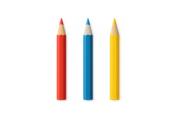 Primary colored pencils creating art and design, red, blue, yellow vibrant drawing tools on transparent background
