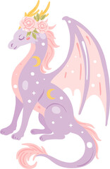 Pastel Purple Dragon with Floral Crown Illustration