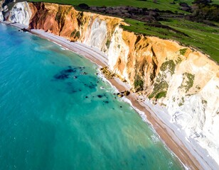 Aerial view of coastal cliffs meeting ocean with vibrant colors