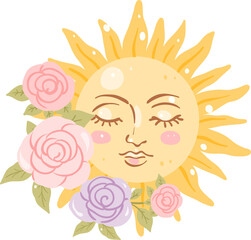 Floral Sun Face with Pastel Roses Illustration