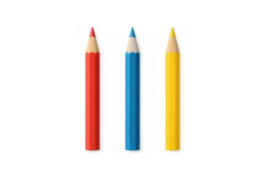Primary colored pencils creating art and design, red, blue, yellow vibrant drawing tools on transparent background