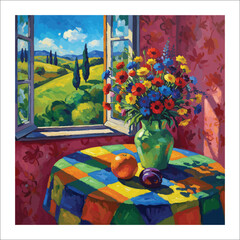 Fototapeta premium Still life of flowers and fruit on a checkered tablecloth by an open window vase