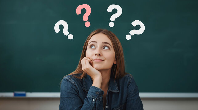 Young Female Student or Teacher Pondering a Question with Large Question Marks Floating Above Her Head on a Green Chalkboard