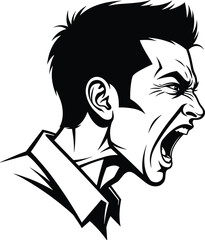 Angry shouting man illustration in bold black and white style, expressive male face yelling in rage, emotional outburst vector artwork
