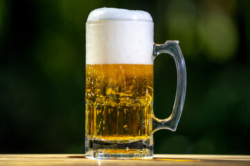 Beer splash against green nature background. Pouring amber ale in nature. Brewed beer with bubbles and foam. Craft brewery lager beer on summer day.