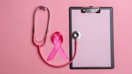 Pink Ribbon and Stethoscope on Clipboard for Health Awareness Campaign