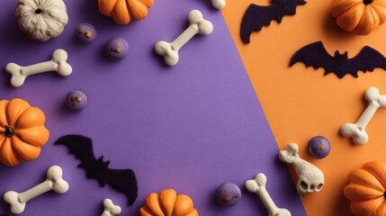 Festive Halloween Decor with Pumpkins, Bats, and Bones on Purple Background