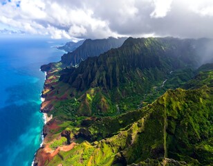 Aerial view captures rugged, verdant mountain cliffs plunging into turquoise ocean under partly cloudy skies. The red soil meets the water