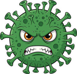 Angry virus cartoon illustration, aggressive germ character design, dangerous infection symbol, microscopic pathogen artwork, angry microbe graphic icon