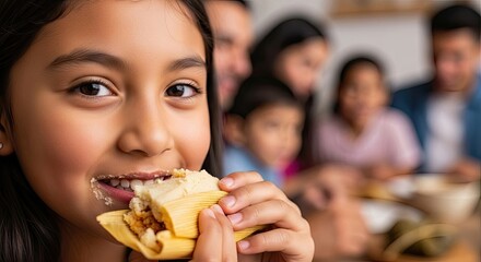 Girl enjoys hot tamale, tasty tamale brings joy, fresh tamale feeds soul