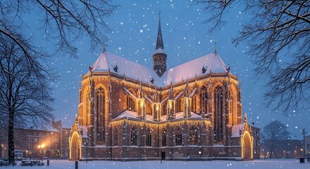 Snow covers holy church, warm church lights glow, church invites peace