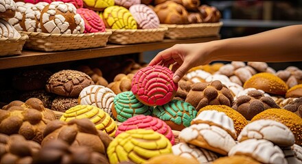 Hand picks pink concha, sweet concha tastes good, fresh concha delights