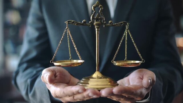 A person in a suit is holding a golden balance scale. The scale is centered in the frame, and the person's hands are cupped beneath it.