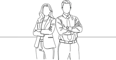 Business professionals standing confidently, male and female team illustration, corporate partnership concept, leadership teamwork graphic, office success line art
