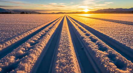 Ski trail in snowy field at sunrise symbolizing direction and clarity