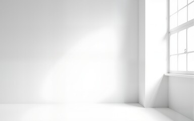 Minimalist white empty room interior blank wall background or backdrop with window light shadow for online zoom presentations webinars and virtual meetings teams video call desktop wallpaper