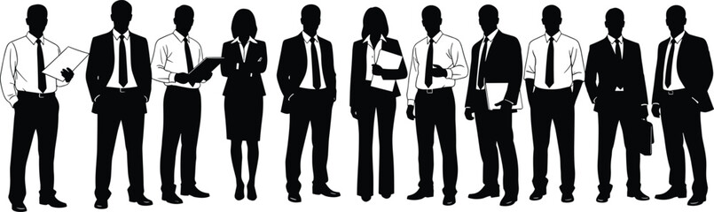 Business team silhouettes standing together in professional attire, corporate group illustration, teamwork concept, unified workforce lineup, leadership and collaboration