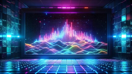 Neon Soundwave Visualization Room – Futuristic and Immersive Interior, Artistic Background, Visual, Spectrum Audio Display