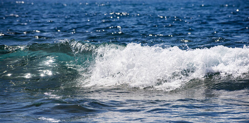 Fototapeta premium Sea waves break with white foam. Waves roll in marine.