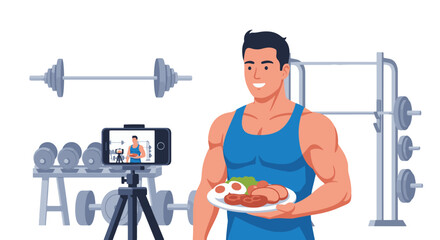 A muscular fitness influencer records a video blog about healthy eating and sports nutrition inside a gym