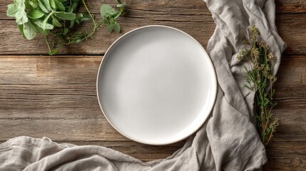 Clean ceramic plate mockup on natural wood background with soft linen napkin and herbs