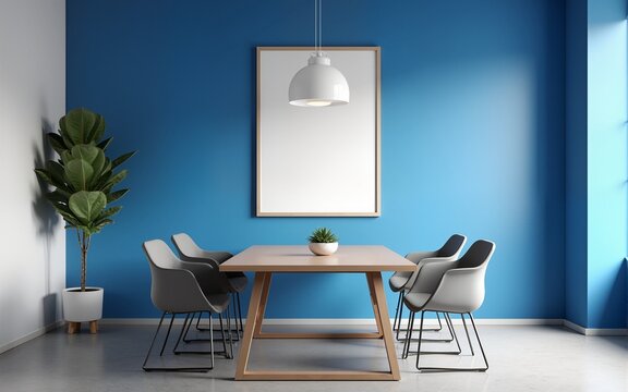 Blue and gray office meeting room with poster. High quality