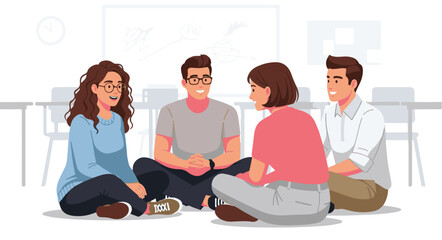 Diverse group of friends sitting in circle, chatting and engaging in conversation, fostering a sense of community