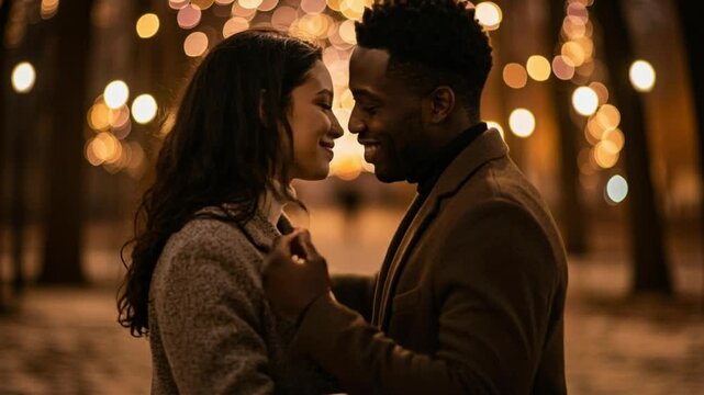 Romantic interracial couple hugging and kissing on a date night with bokeh lights in the background