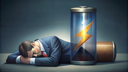 Businessman Resting with Battery Icon – Conceptual and Emotional Visual, Burnout, Energy, Background, Artistic, Recharge Theme