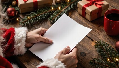 Close-Up of Santa Holding Blank Paper by Christmas Gifts and Decor
