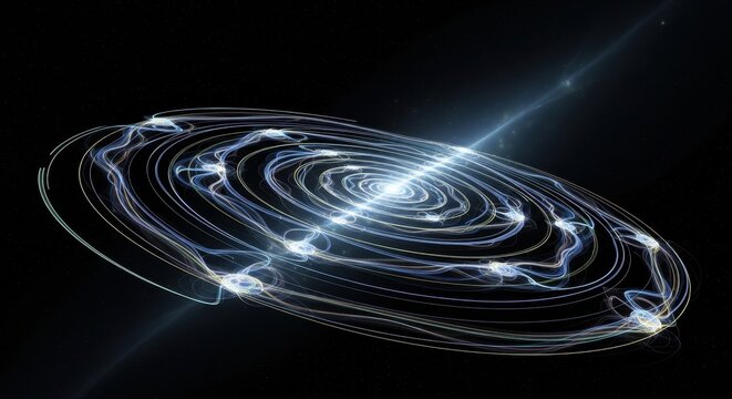 Radiant galactic disk with swirling energy filaments and celestial beam on cosmic expanse