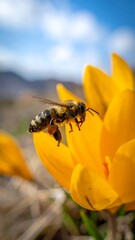 Bee on a Yellow Crocus Flower in Springtime.