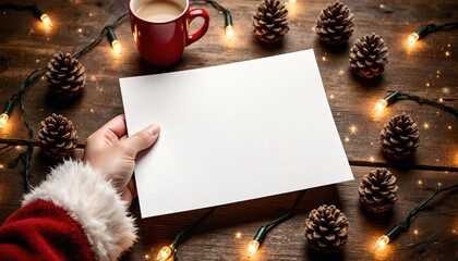 Festive Tabletop Scene with Blank Paper, Pinecones, and Coffee Mug
